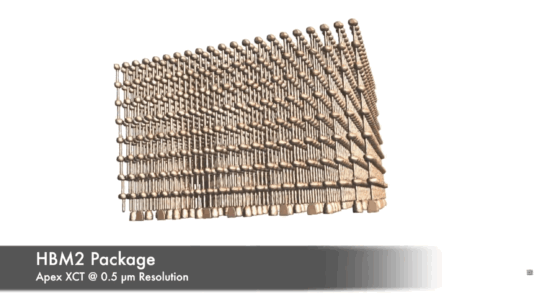 MI25 graphics accelerator board (HBM2 package) at 0.5um, imaged with Apex XCT using the Comet source